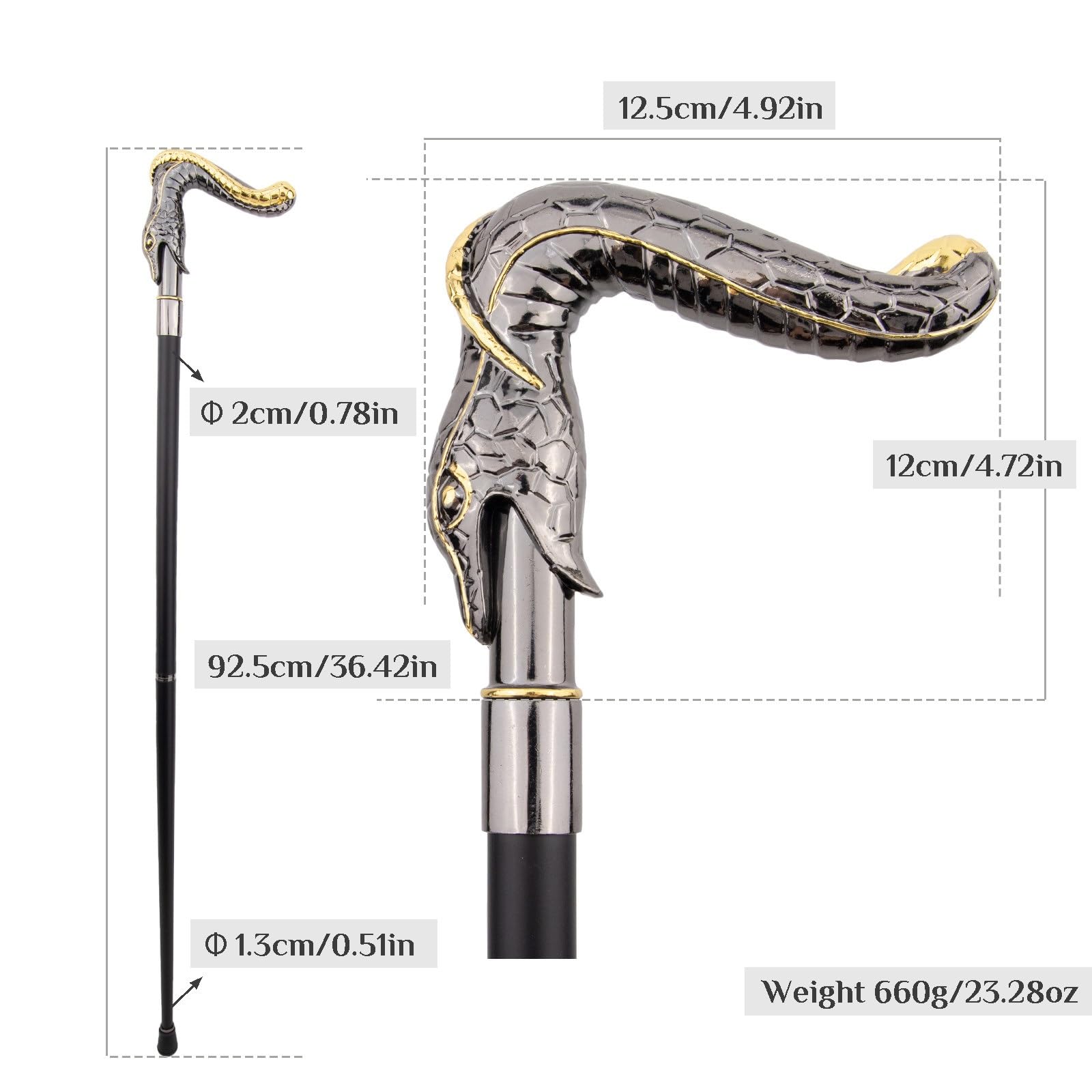 Bastón con Cabeza de Serpiente de Boca Abierta, con 4 Puntas Antideslizantes Extraíbles, Bastón de Lujo para Hombre y Mujer, para Fiestas de Disfraces y Eventos Vintage 93 Cm(Gold)