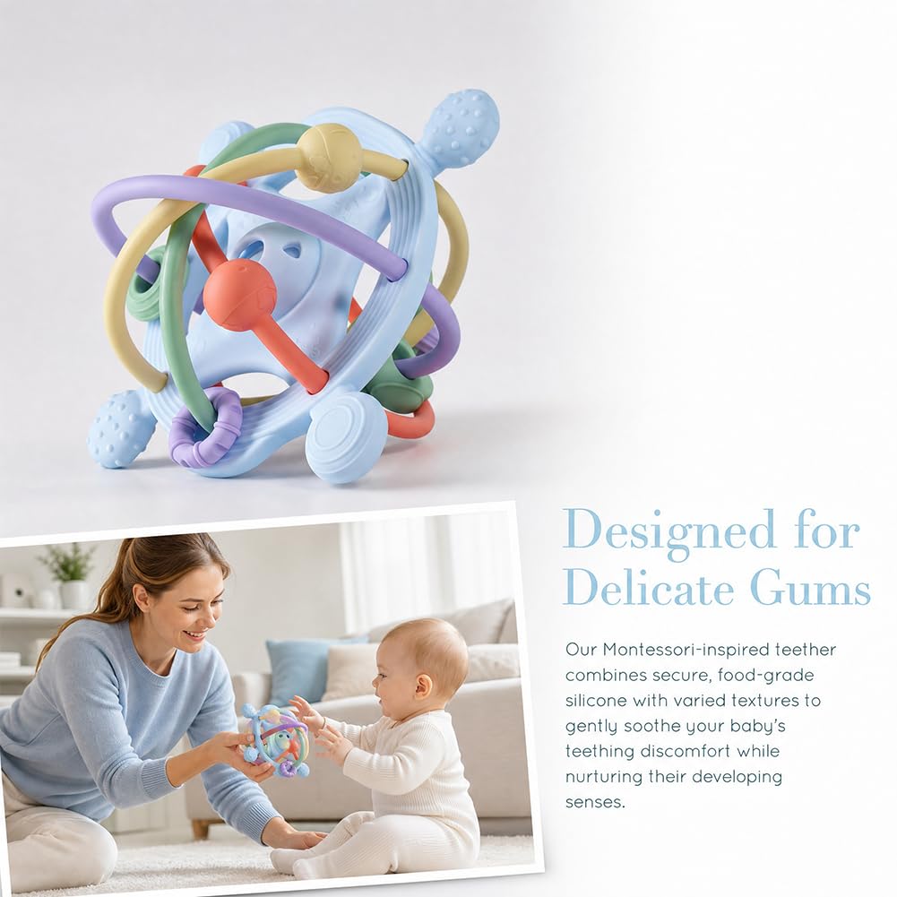 Juguete Mordedor Pelota Bebé, Juguetes Sensoriales para La Dentición Juguete de Denticion Sonajero para Bebe Juguetes Educativo Temprano Montessori para Bebés de 3 a 18 Meses(Azul)