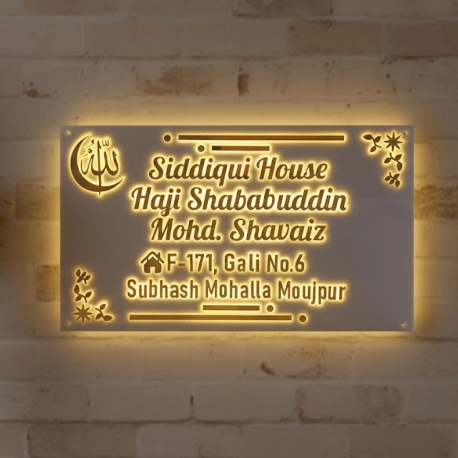 Vectopic Customized light Name Plate for Home Entrance, With Golden Font White Acrylic Plate | Light Name Plate For Home, Office & Outdoor Entrance White & Gold Color, Size 16 * 8 inches.-image-29