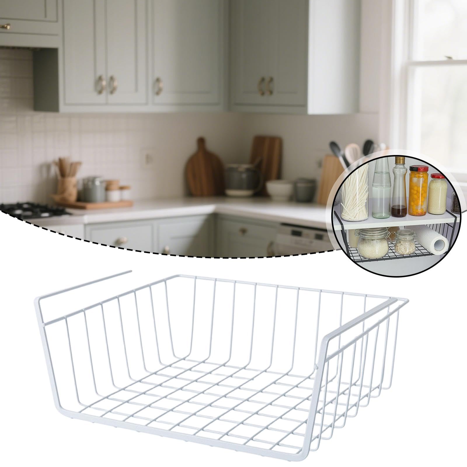 Panier de rangement à suspendre en métal, polyvalent sous étagère pour armoire de salle de bain, blanc Mensola Sotte – Parfait pour la cuisine et la maison
