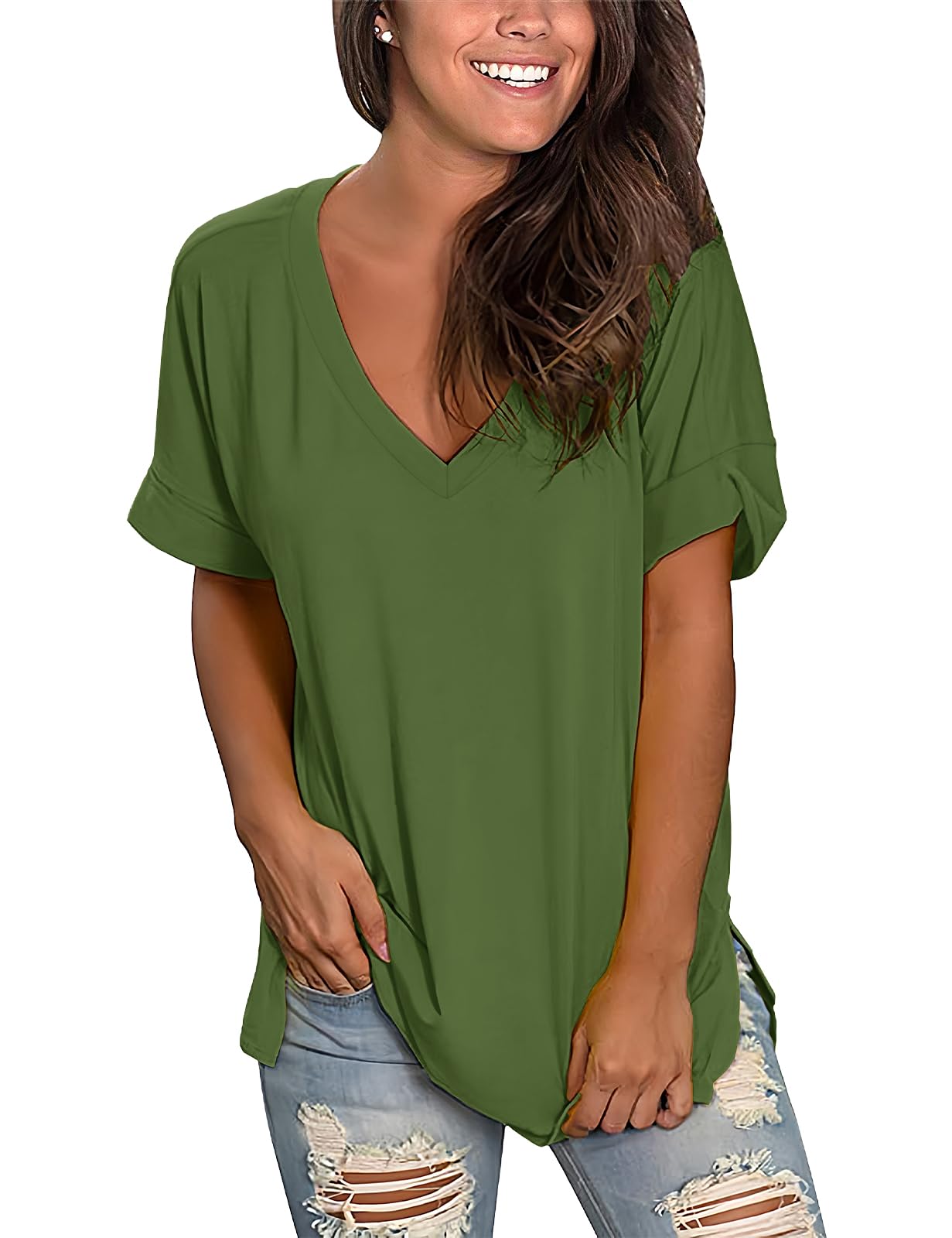 CMTOP T-Shirt Donna Estiva Cotone V Scollo Tinta Unita Maglietta Manica Corta Top Casual Case Camicie Orlo Arrotondato Lungo per Feste Casual Maglietta da Donna Allentate