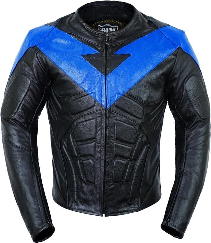 CHICAGO-FASHIONS Mens Night Black & Blue Protective Motorcycle Cowhide Leather Jacket - Biker Armor Motorbike Padded Jacket: XX-Large Black