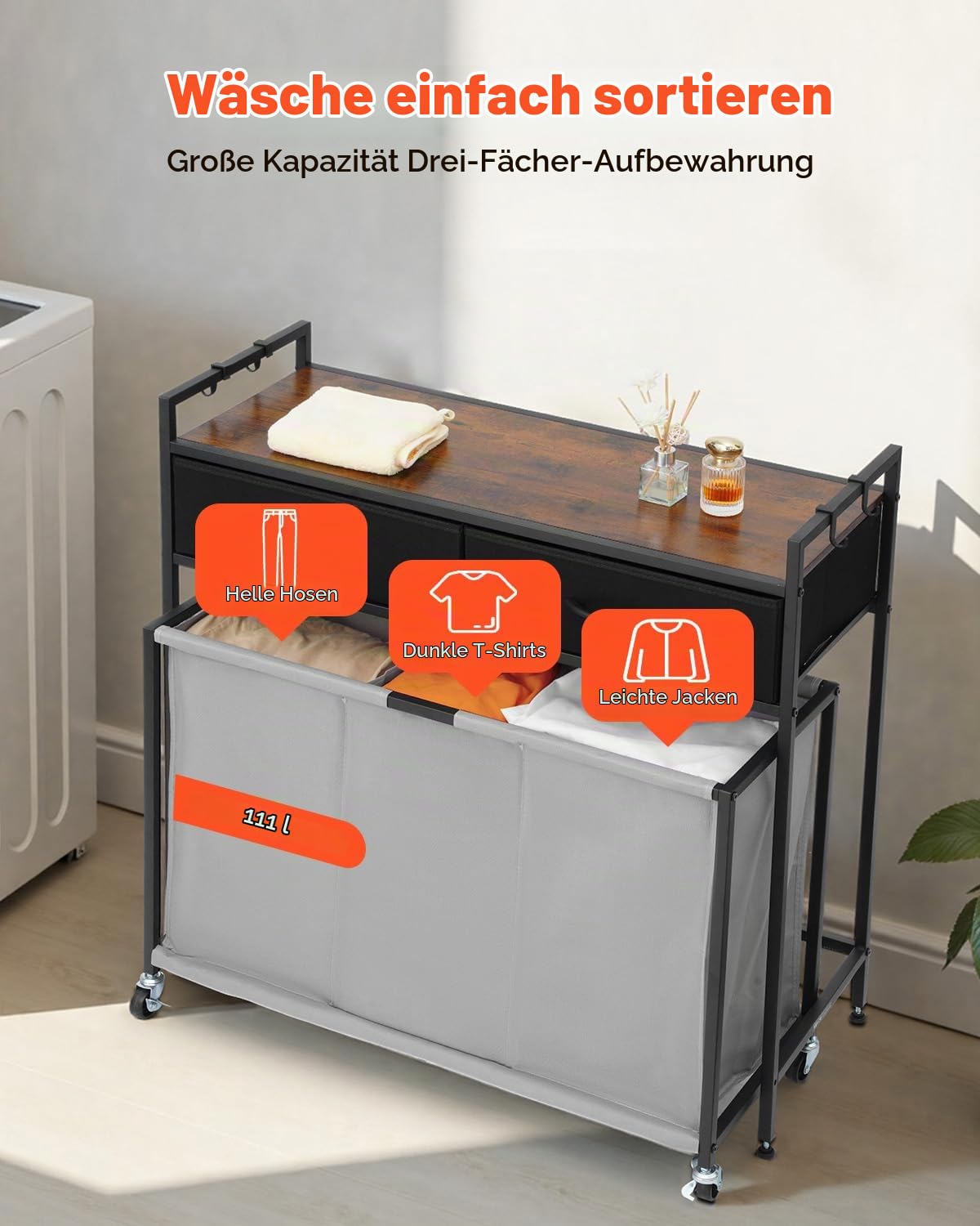 VEVOR Wäschekorb Wäschesammler mit 3 Fächern & Holztischplatte, Wäschesortierer auf Rollen mit 2 Schublade & Haken, Wäschetrenner Wäsche-Sortiersystem für schmutzige Kleidung Badezimmer