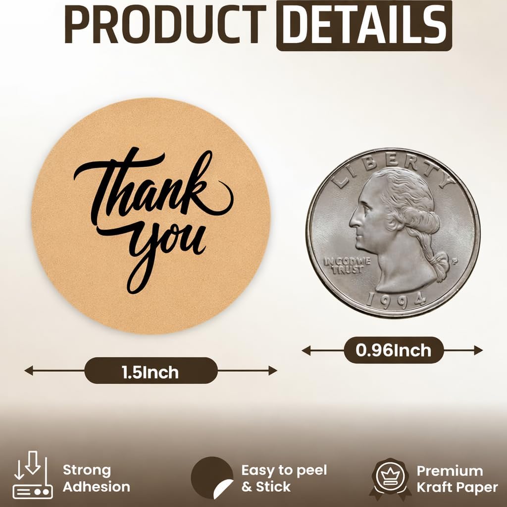 500 Thank You Stickers Roll – 1.5" Round Kraft Paper Labels with Black Script – Self-Adhesive Stickers for Small Business Packaging, Paper Bags, Gift Boxes & Envelopes - Image 3
