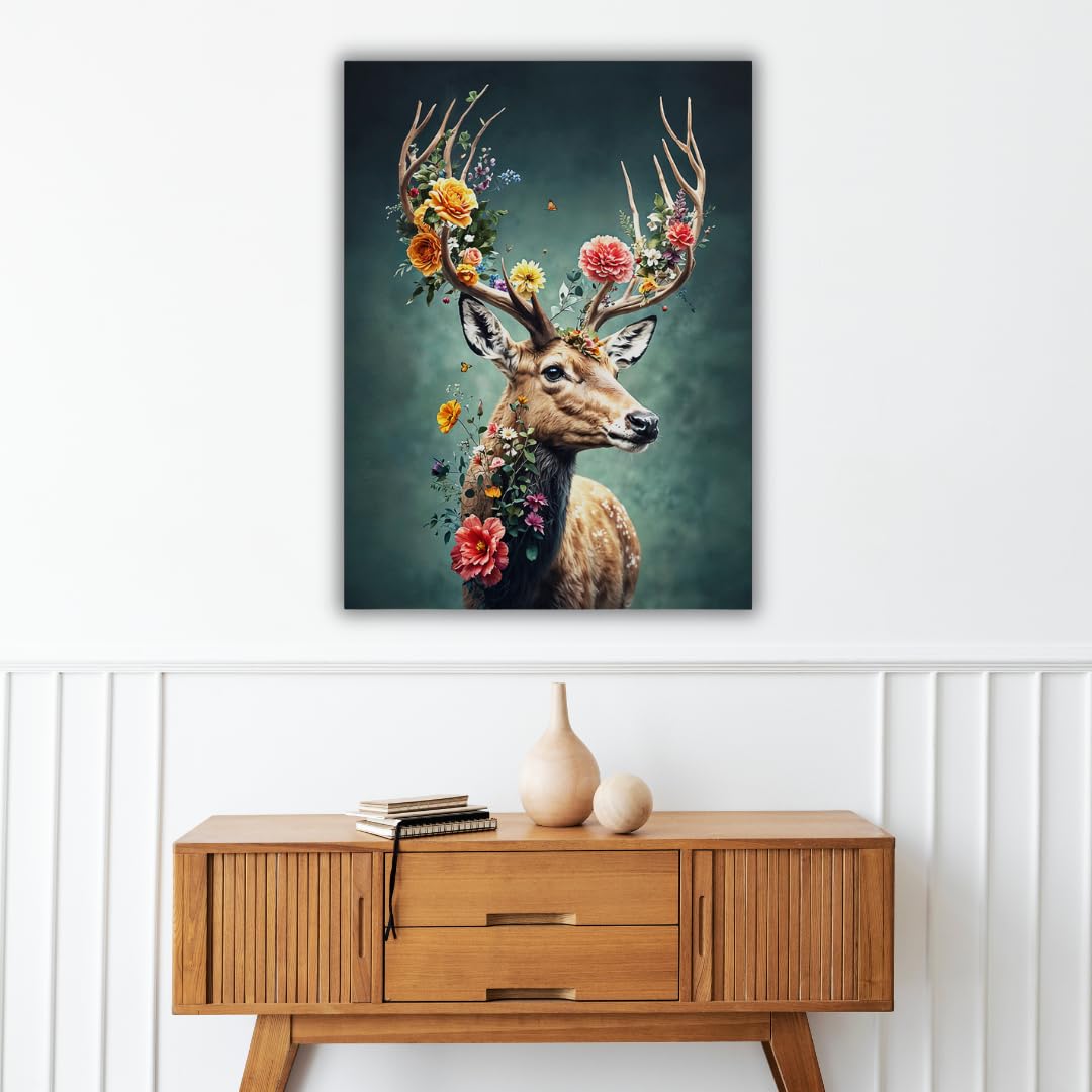 Pro-Art Leinwand Bilder Hirsch mit Blumen Groß 60x80 cm Bild Wohnzimmer Bild modern Deko Wandbilder Schlafzimmer Tiere