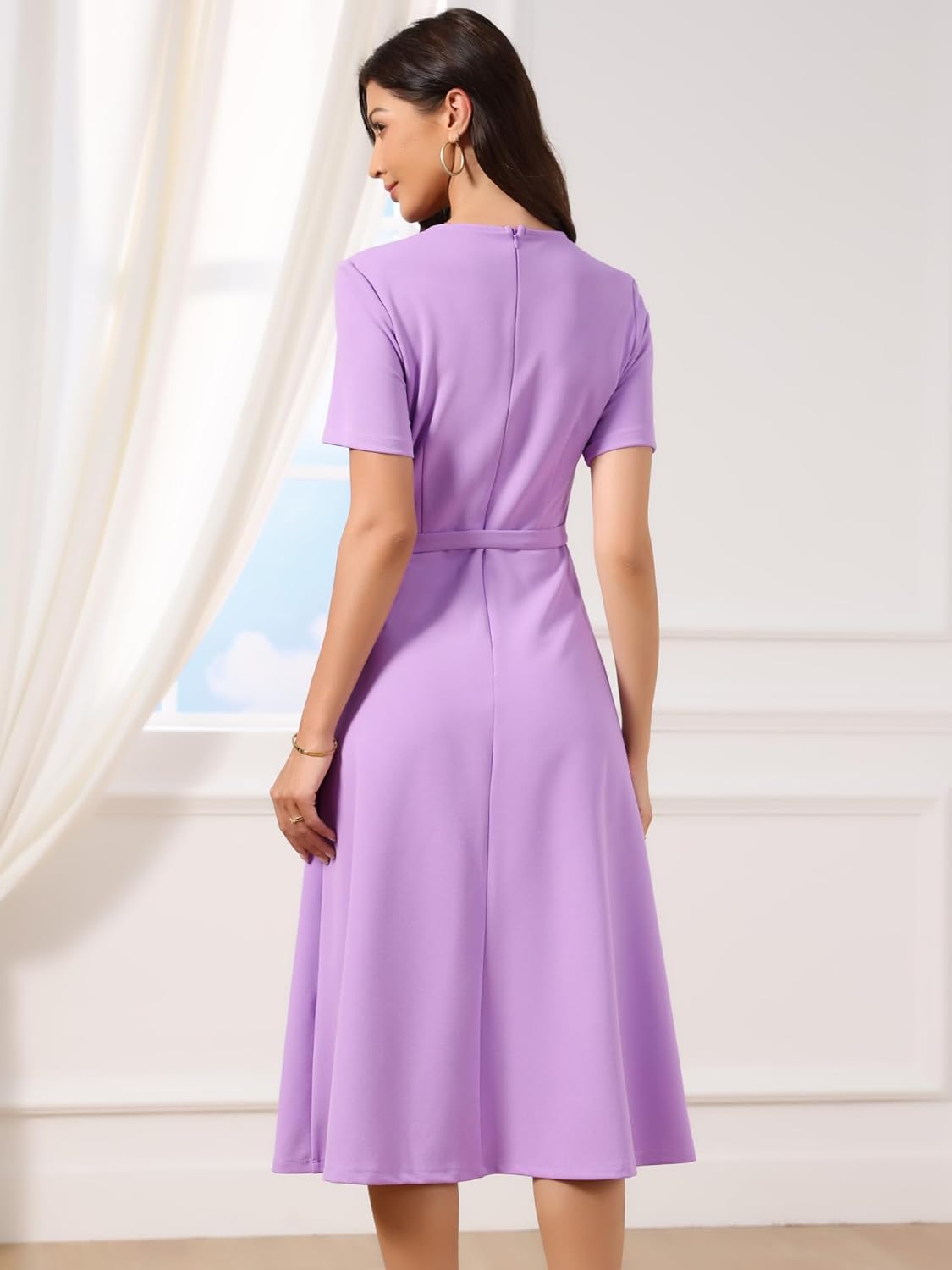 Allegra K Summer Dress for Women Short Sleeve Crew Neck Tie Waist A Line Elegant Work Party Midi Dress - Image 2