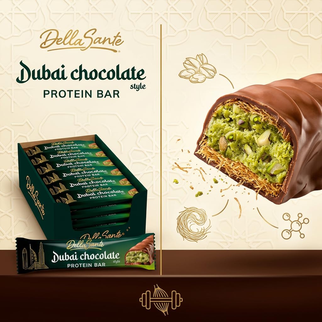 DellaSante – Protein Riegel Pistazie in Milchschokolade, 24x45g, Eiweißriegel für Sport & Fitness, Ohne Palmöl, Kadayif-Crunch Protein Bar