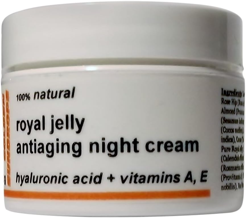 Golden Sundrops Royal Jelly Antiaging Night Cream (1.5oz / 42g) Hyaluronic Acid Vitamin A and E Rose Hip Oil Kokum Butter Skin Healing Dry Skin Face Neck Moisturize Decrease Fine Lines Reduce Wrinkles