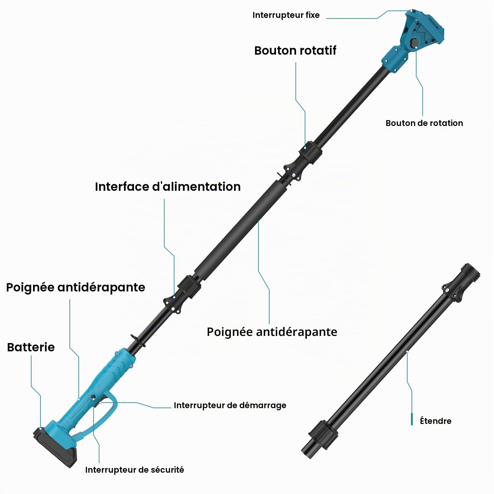 Télescopique pour Taille-Haie,Barre Extensible Compatible avec Tronçonneuses,Sécateur,Taille-Haies et Autres Outils Électriques,Compatible Avec Ma-kita~ 21V,Hauteur De Travail Jusqu'à 4 Mètres (A)