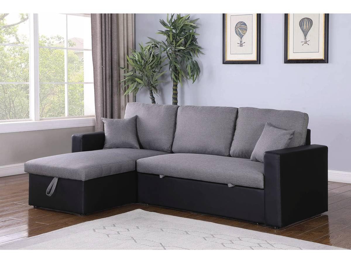 Habitat et Jardin - Canapé d'angle Convertible et Réversible Alain 3 Places Noir et Gris - Canapé Lit Moderne en Tissu Lin - Espace de Stockage (Méridienne) - Design
