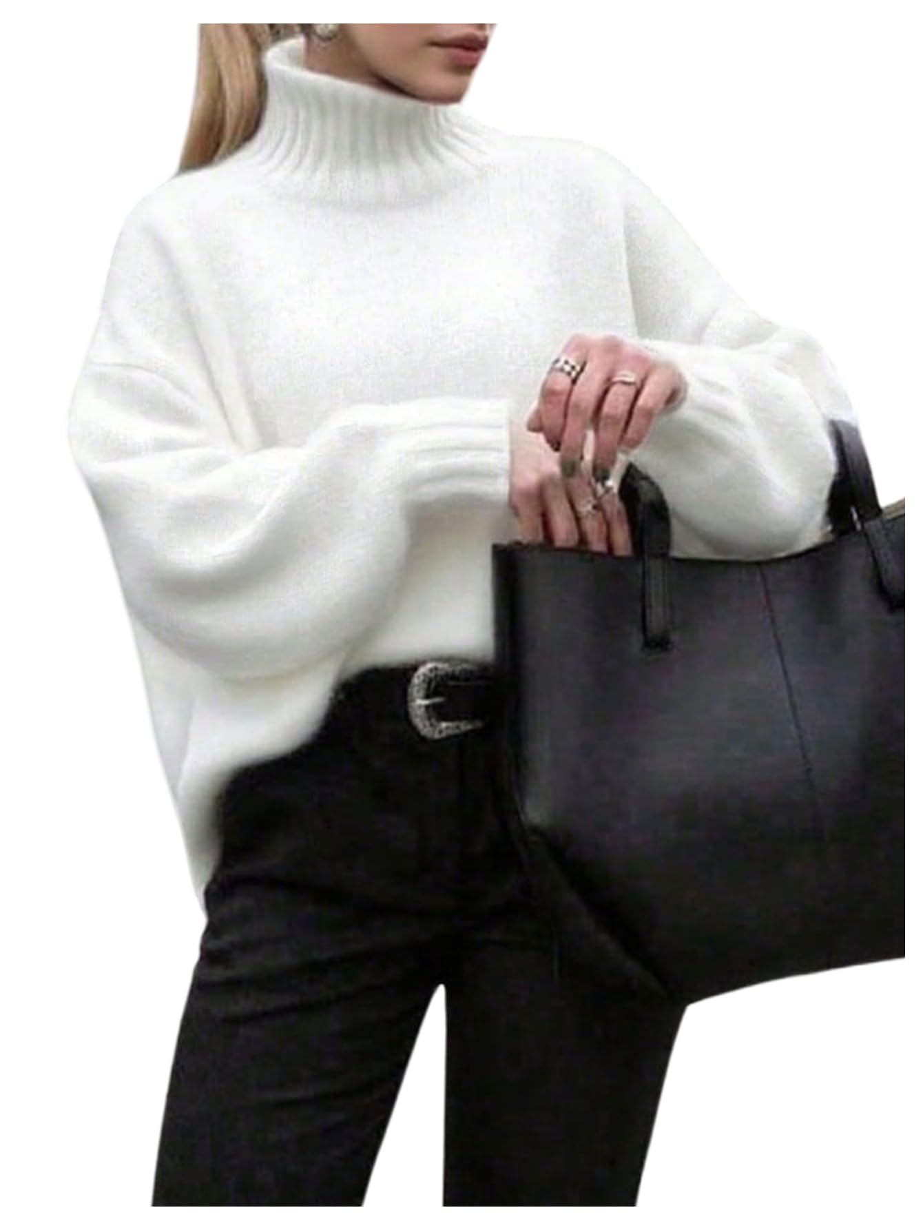 GORGLITTER Womens High Neck Oversized Sweater Trendy Fall Cozy Lantern Long Sleeve Cable Knit Chunky Pullover Sweaters