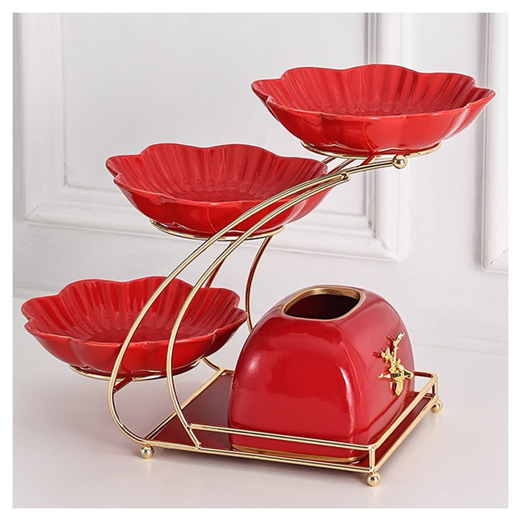 Cestino Frutta Cesto di frutta in ceramica a 3 livelli, ciotola con scatola del tessuto, pane vegetale porta controsoffitto stoccaggio rack for cucina organizza Decorativo Tavolo Cucina(Rot)