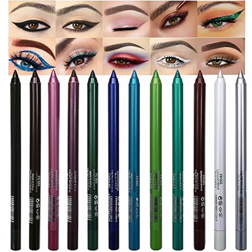 Eyeliner Pen Set, Eye Shadow Pencil, Green Blue Brown White Colored Gel Glitter Eyeliner Pencils Pen Set Multicolor delineators for Women Eye Lip Liner Professional Waterproof Smudge Proof 12Pcs