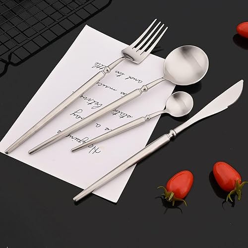 Miniatura 5 de JASHII Juego de cubiertos único de 16 piezas, acero inoxidable 304, acabado mate, juego de cubiertos vintage con mango vintage, cuchillo tenedor,