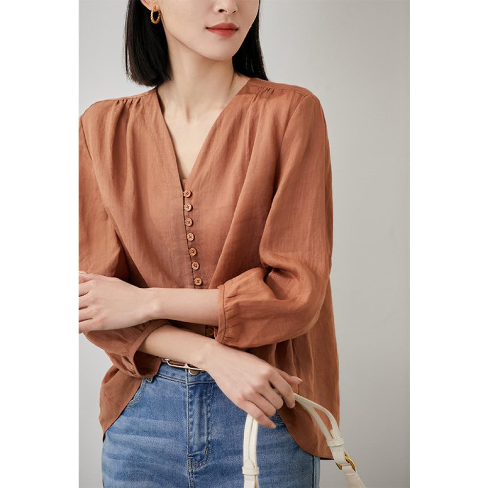 BROLEO Damen Oberteile,Damen-Leinenbluse, Plissiert, Sommer, Ballon-Langarmshirt, V-Ausschnitt, Tops, Elegante Bluse, T-Shirt-Jacke, Lockere Bluse, Tunika, Sweatshirt-Tops Für Damen