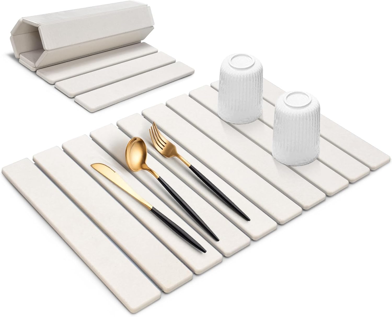 Large Stone Dish Drying Mat for Kitchen Counter, 24"(L)×16"(W), Collapsible Quick Drying Dish Mats, Ultra Absorbent Diatomaceous Earth Mats for Dishes Bottles Cups, Match Any Countertop Modern 24" x 16"