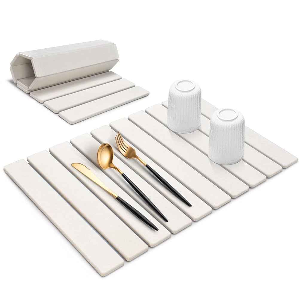 Large Stone Dish Drying Mat for Kitchen Counter, 24"(L)×16"(W), Collapsible Quick Drying Dish Mats, Ultra Absorbent Diatomaceous Earth Mats for Dishes Bottles Cups, Match Any Countertop