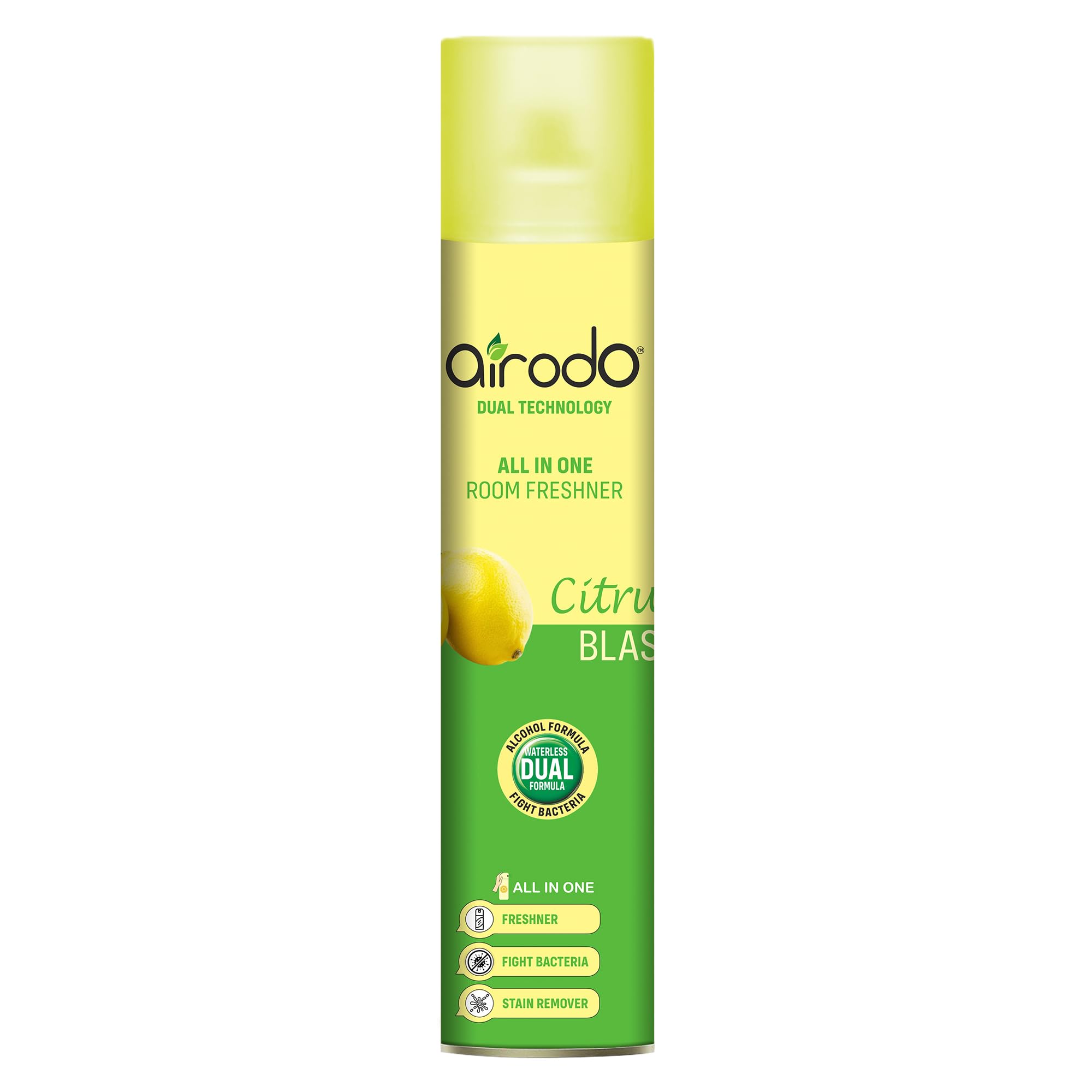 AIRODO Citrus Blast Air Freshener with Dual Technology, Easy Push and Spray, Stain Removal Floral Crush, All in One Room Freshener for Home and Office (250ml, Pack of 1)