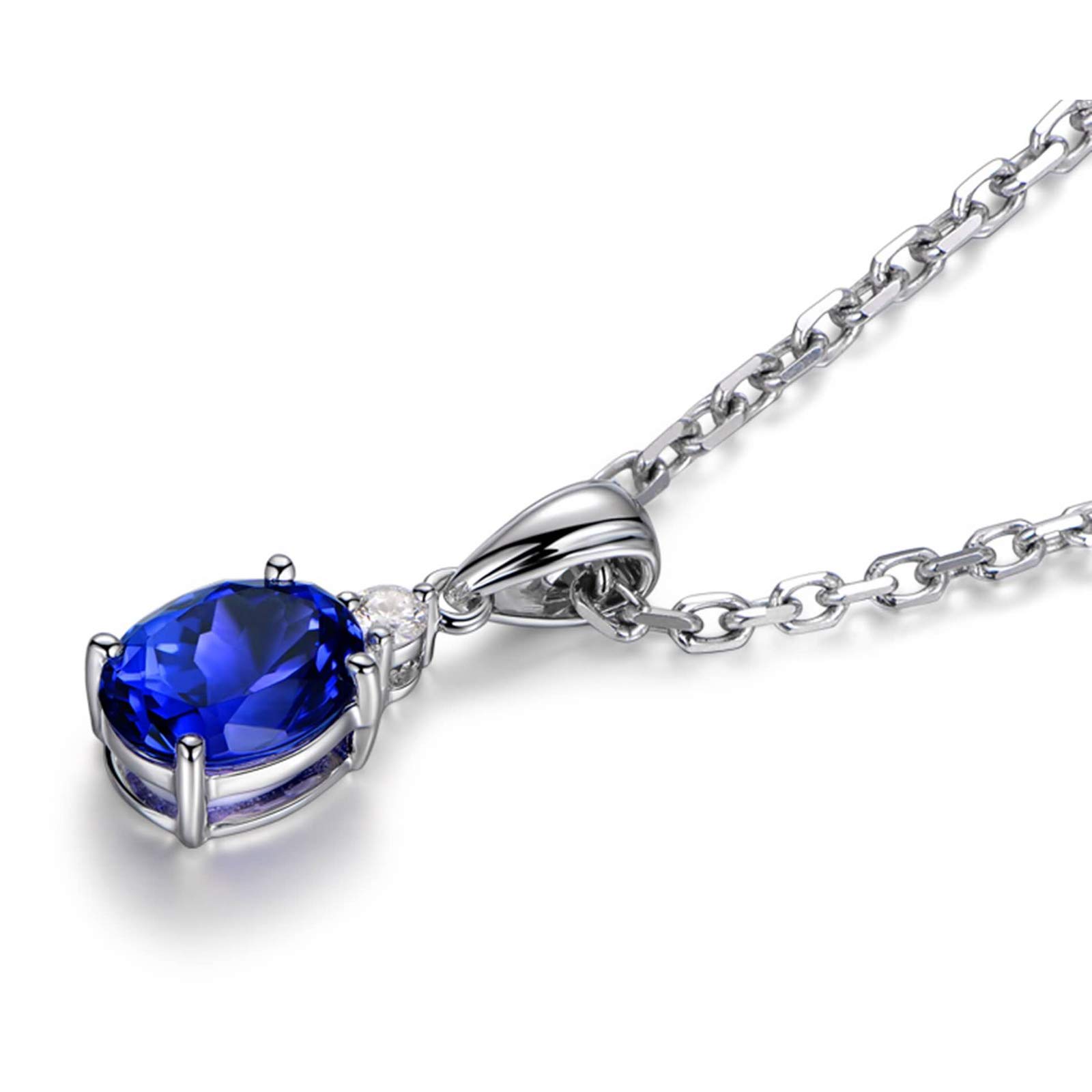 Halskette aus Weißgold für Damen, 18-karätiges echtes Gold, Vier Zinken, oval, Blauer Tansanit, 1,2 Karat, mit weißem Diamant, 0,06 Karat, Halskette, Goldkette, 45,7 cm