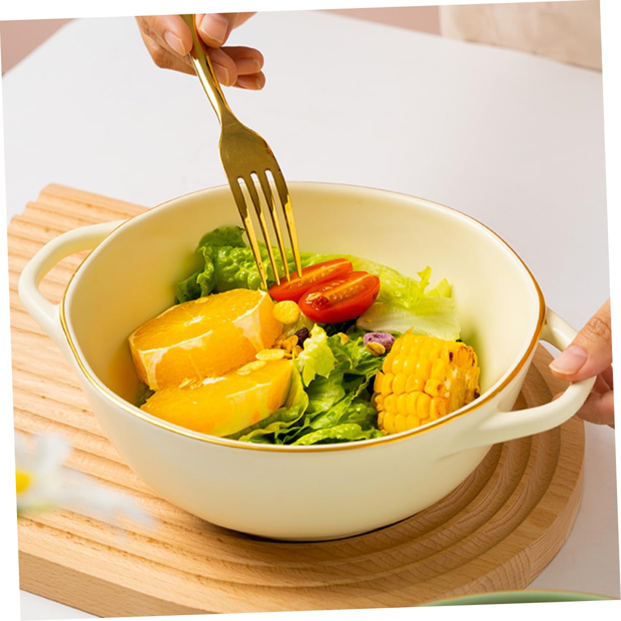 Cuenco Resistente al Calor y Anticorrosión Doble Asa Beige de 1200ml de Cerámica para Horno, Adecuado para Sopas, Ensaladas y Fiestas de Cumpleaños