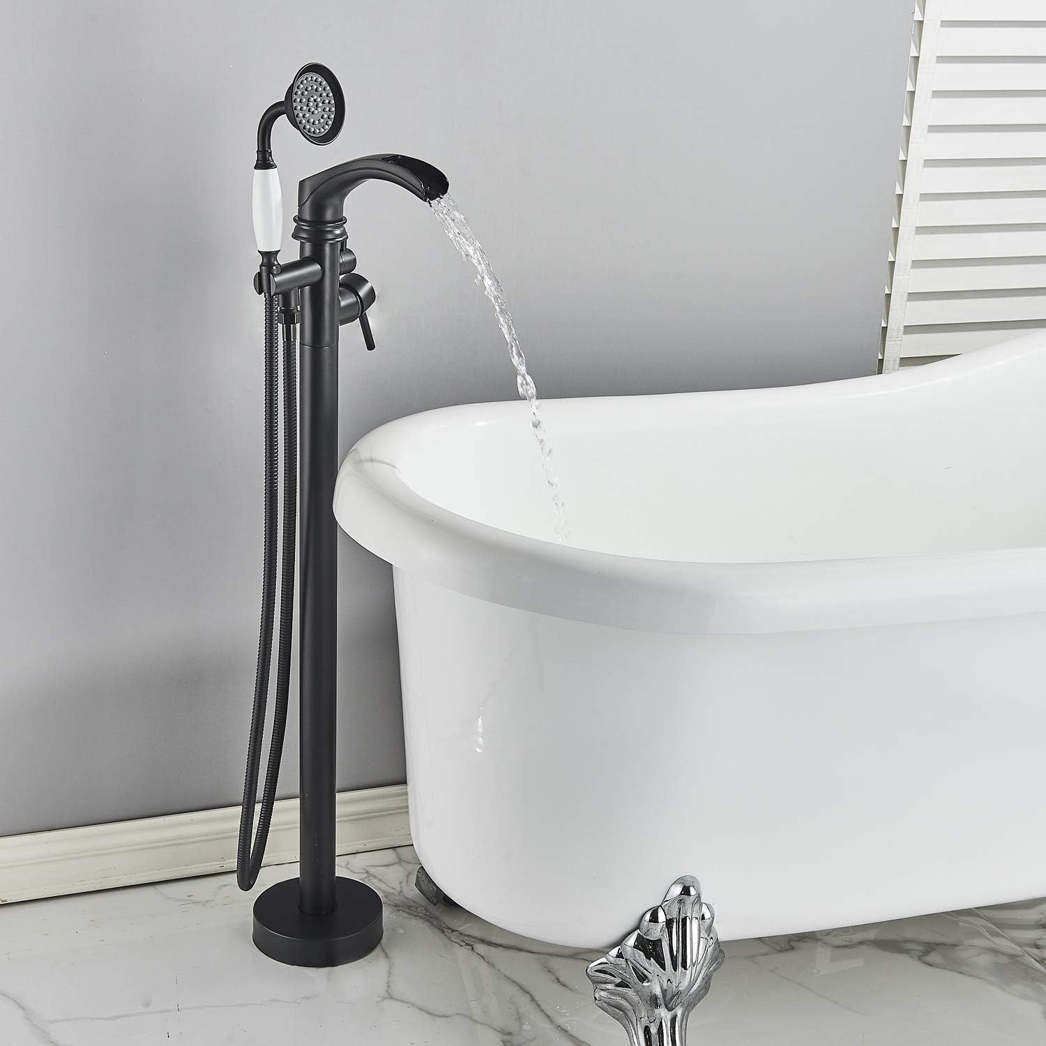 Cheapest 🛒 Rozin Freestanding Black Color Tub Filler Faucet Single Handle with Diverter Bathtub Shower Mixer Tap with Hand Shower Floor Mounted Stainless Steel