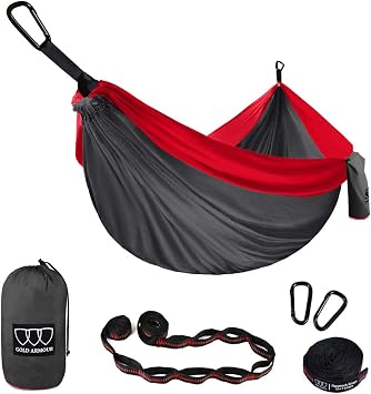Gold Armour Camping Hammock - XL Double Hammock Portable Hammock Camping Accessories Outdoor Indoor with Tree Strap USA Based Brand Gray and Red