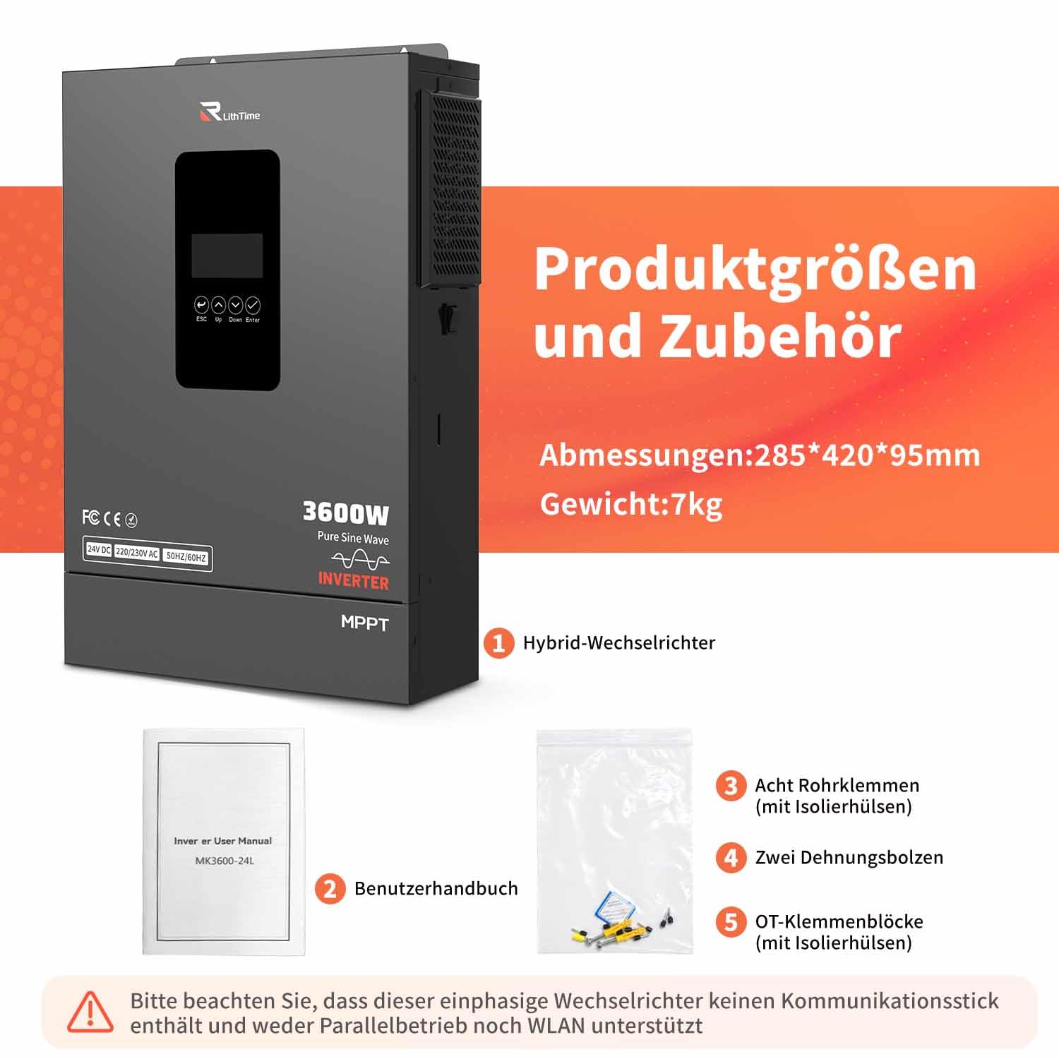 Hybrid Wechselrichter 3600W, Solar Wechselrichter 24V auf 230V mit 96% PV-Wirkungsgrad und Integriertem 120A MPPT Für Lithium/Blei-Batterien mit Unterstützung Batterielosen und Netz/PV-Aktivierung