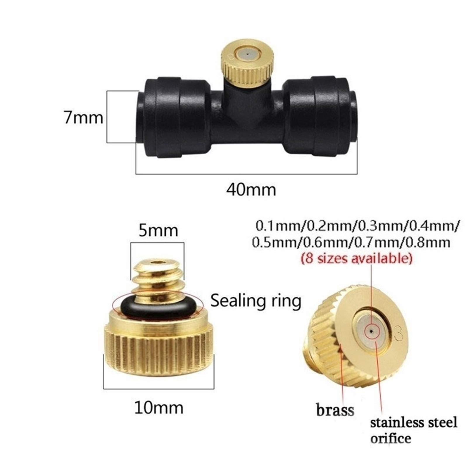 Dysza zraszająca z regulacją, mosiężna, 100 szt., mosiężne dysze zraszające 0,1-0,8 mm, niskie ciśnienie, 1/4", trójniki z blokadą ogrodową (0,6 mm)