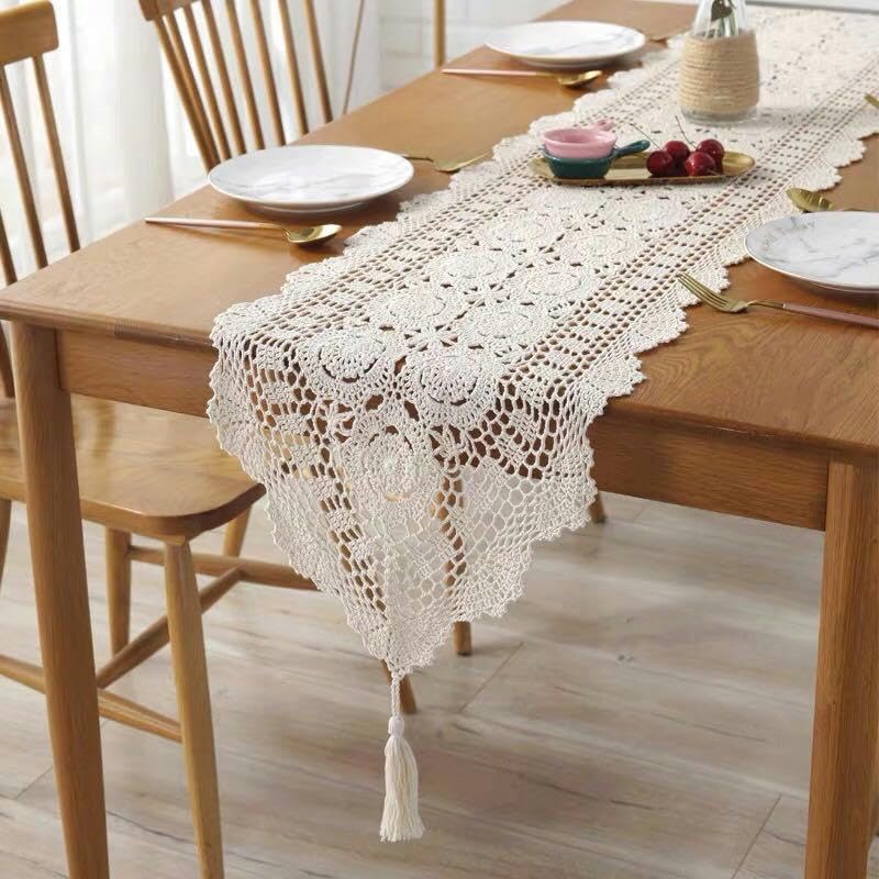 Runner da tavola vintage in pizzo all'uncinetto, realizzato a mano, tovaglia ovale con fiori fortunati, centrini, 30 x 80 cm (bianco
