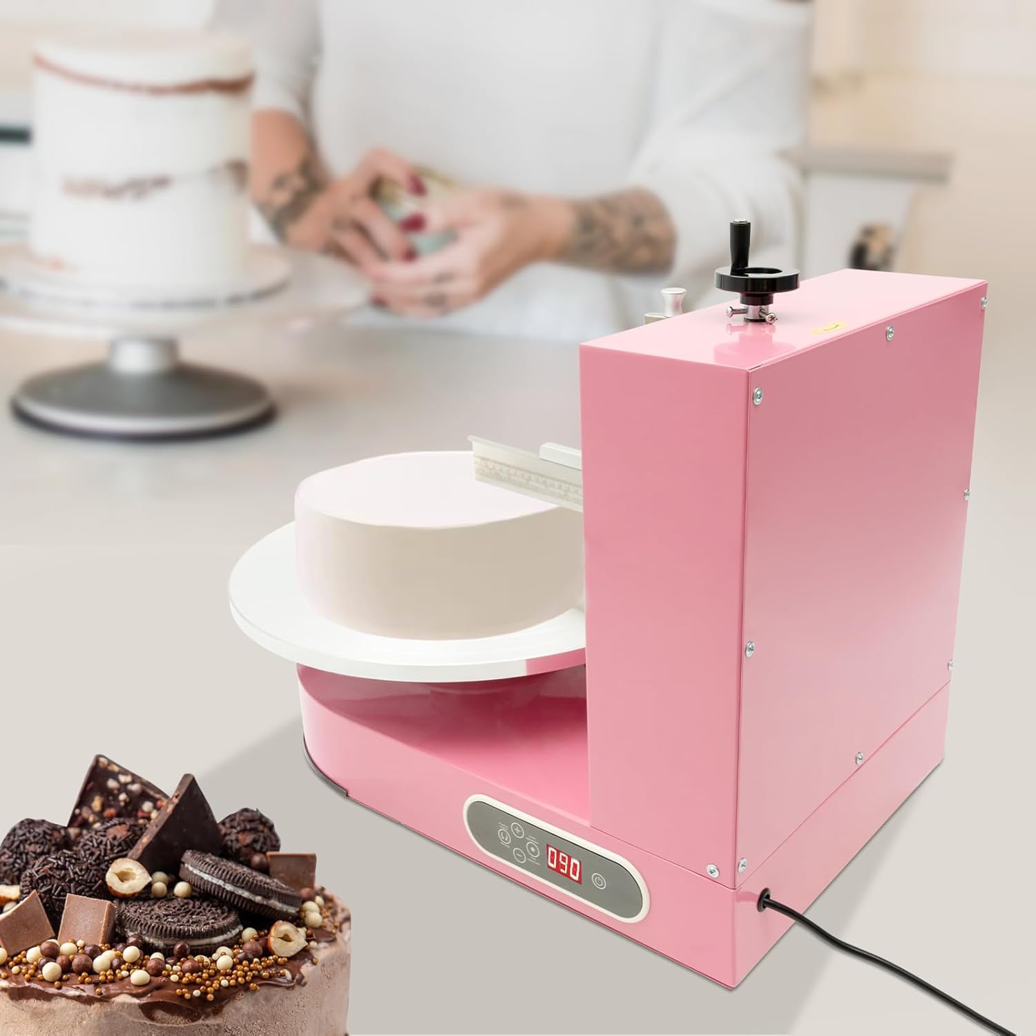 Cake Decorating Machine, 200W Electric Cake Cream Spreading Coating Machine with Turntable and Adjustable Scraper, Cake Frosting Smoother, for 4-16in Cake, 0-320RPM (Pink)