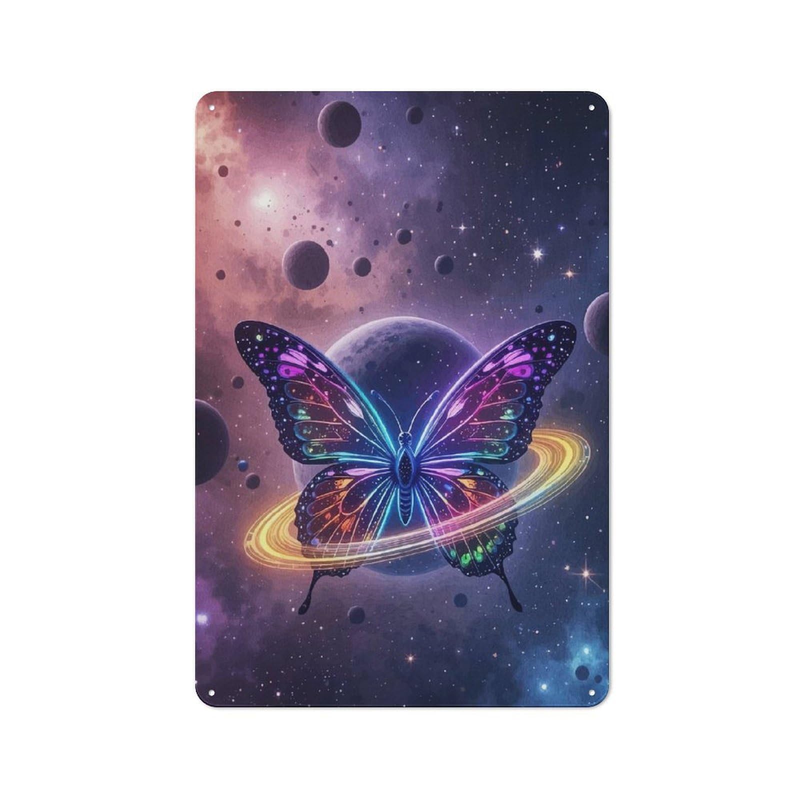 Classic Vintage Metal Sign 30x20cm Featuring Cosmic Butterfly Rings And Planets, Home Bar Decor for Cafe, Pub, Workshop Or Home Bar
