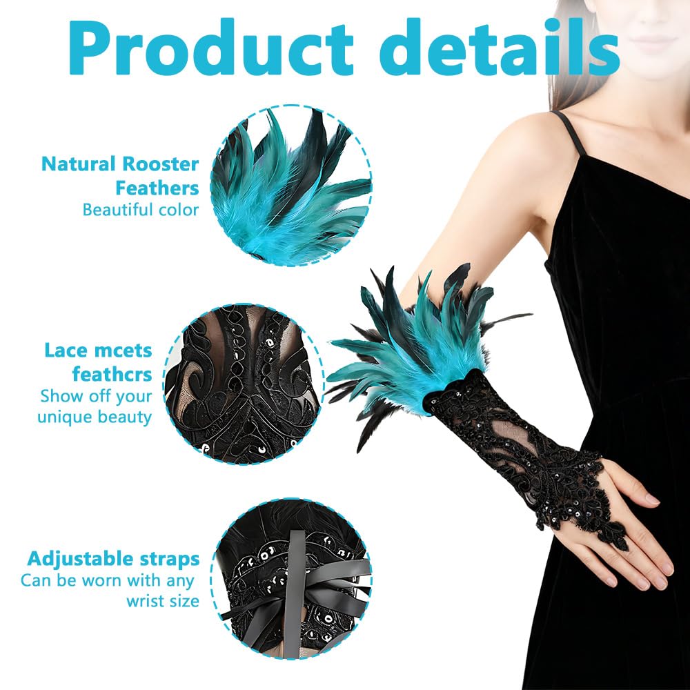 ZSUIQIN 1 Pair Feather Wrist Cuffs,Feather Gloves,Long Lace Fingerless Gloves,Suitable for Bonfire Nights Celebrations - Image 4