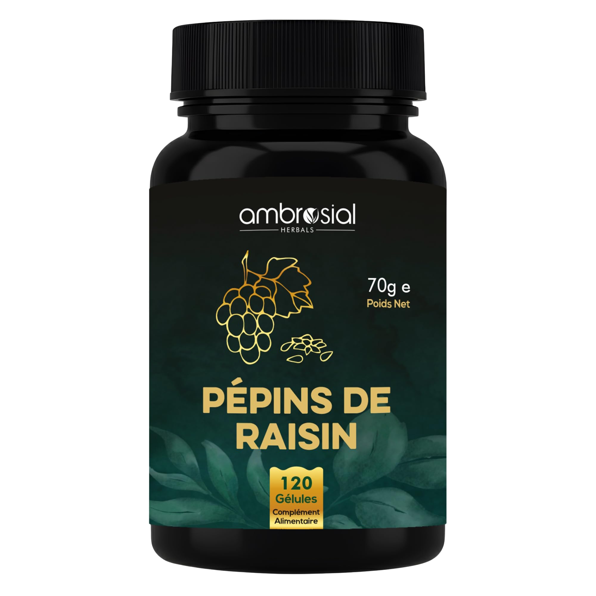 Ambrosial Capsules d'extrait de pépins de raisin | 95% polyphénols OPC | Supplément de pépins de raisin haute résistance | Antioxydant puissant | Lot de 1 à 120 capsules végétaliennes