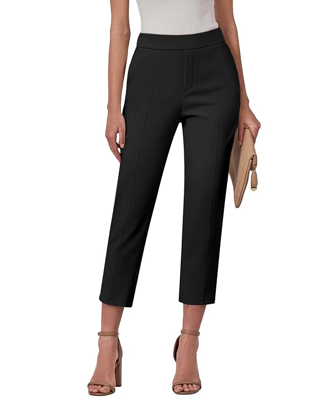 GRAPENT Capri Pants for Women High Waisted Pull On Dress Pants Slim Straight Leg Stretchy Waist Capris Trousers