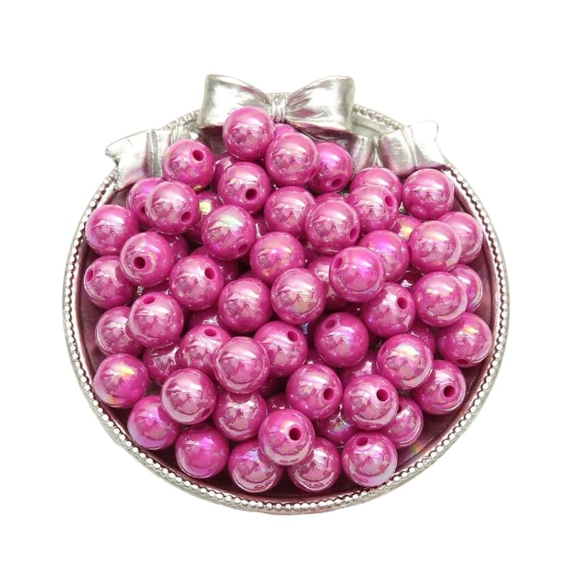 100pcs Iridescent Fuchsia Pearl Bead 10mm Iridescent Craft Beads Acrylic Round Beads for Bracelets DIY Beading Jewerly Making