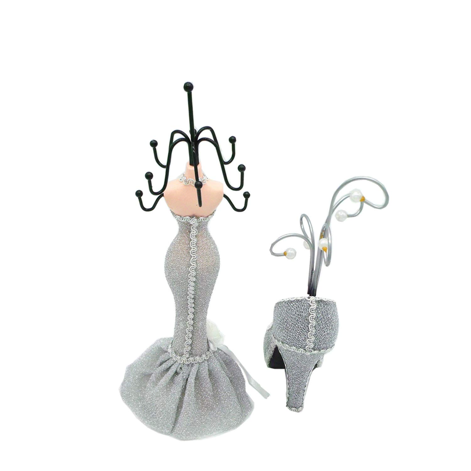 BLANCHO BEDDING Kaitlyn - Dress Up Doll Necklace Display & Shoe Ring Display Jewelry Holder Combo (Silver)