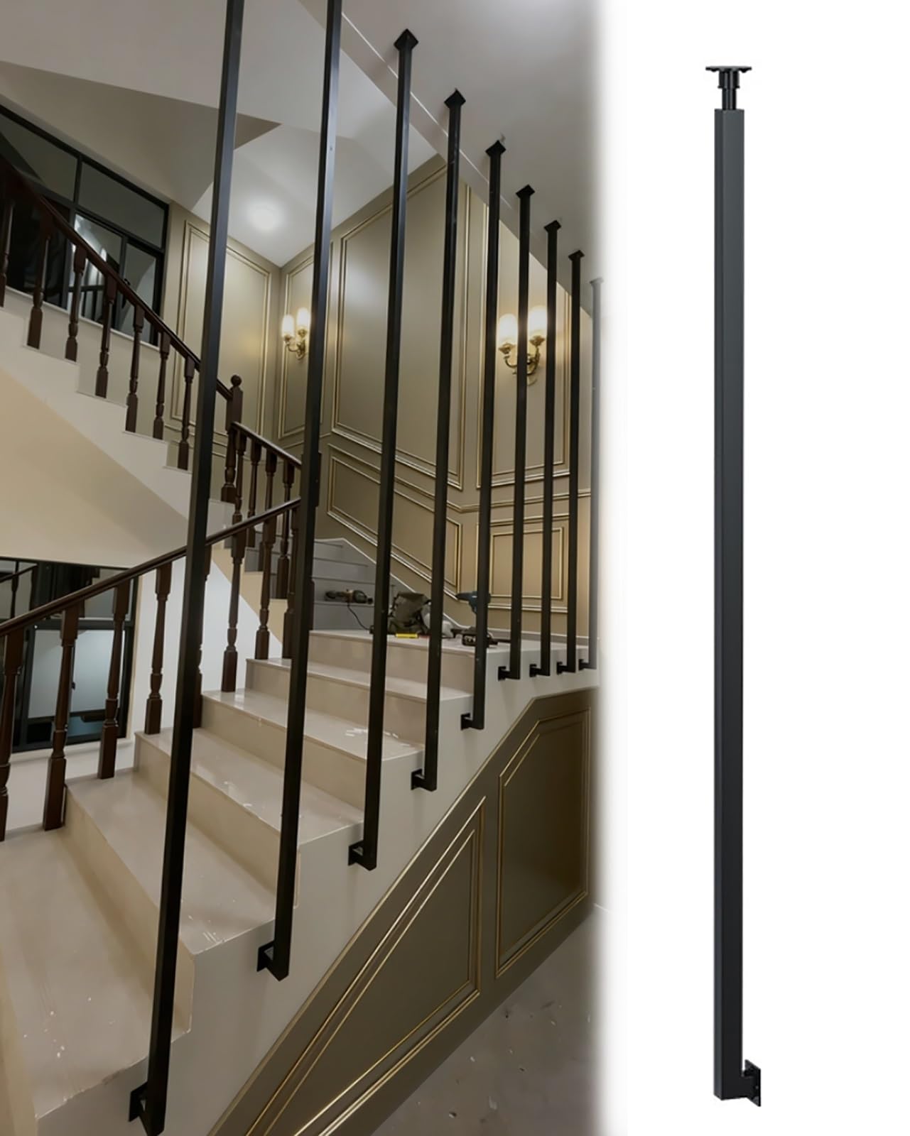 Mlyaye Black Staircase Baluster Post Sidewall To Ceiling Wrought Iron Villa Stair Grab Bars Columnar Fence For Decoration & Prevent Falling(232Cm/91In)