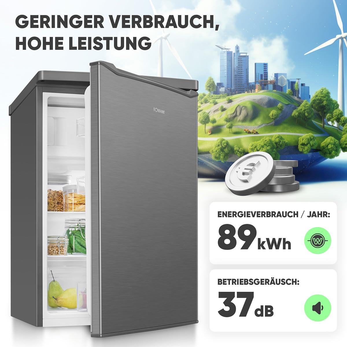 Bomann® Kühlschrank mit Gefrierfach | 109 Liter | energieeffizient, leise & kompakt | 2 Ablagen, Obst- & Gemüsefach | 4-Sterne-Gefrierfach | Türanschlag wechselbar | KS 7251 inox