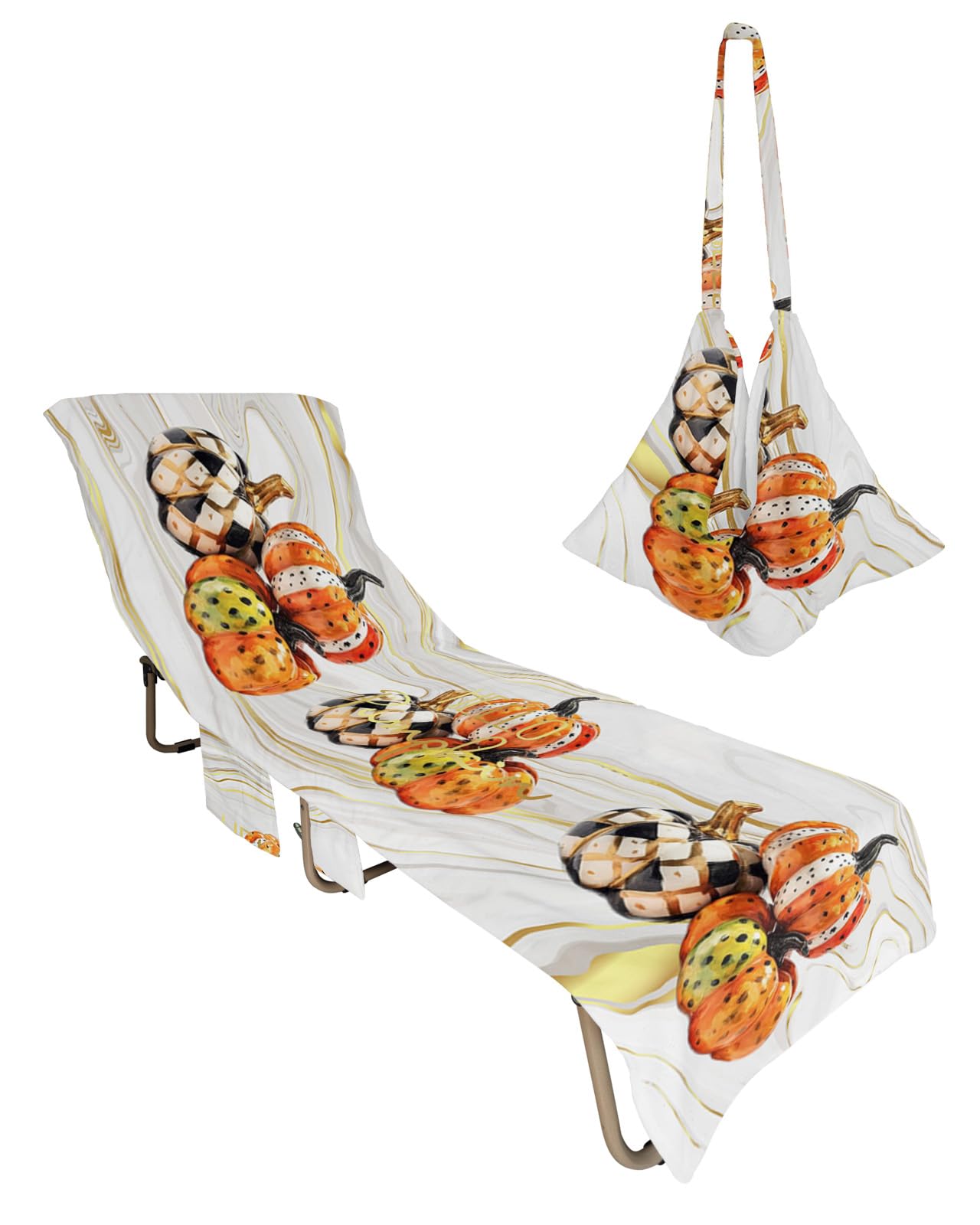 Marble Pumpkins, Beach Lounge Chair Towel Cover, Soft Chaise Lounge Towel with Side Pockets Patio Pool Chairs Cover for Beach/Pool Sunbathing 29x85 Boho Checkered Orange Fall Thanksgiving Holiday