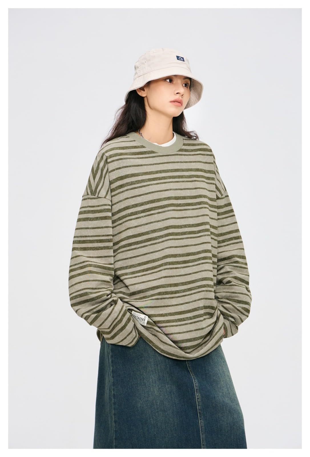 Camiseta Unisex De Algodón Pesado, Camiseta De Manga Corta Informal, Suave Y De Gran Tamaño,Básica,Camiseta A Rayas De Manga Larga, Cuello Redondo Holgado.,Verde Militar,l