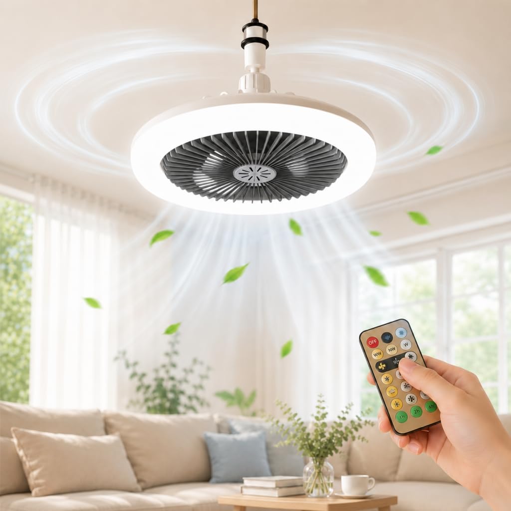 Ceiling Fan Lights with Remote Control - 3 Fan Speeds & 3 Light Modes, E27/B22 Plug in Socket Ceiling Light Bulb Fan Fitting, Practical Combined Light Fan for Bedroom, Kitchen (Grey)