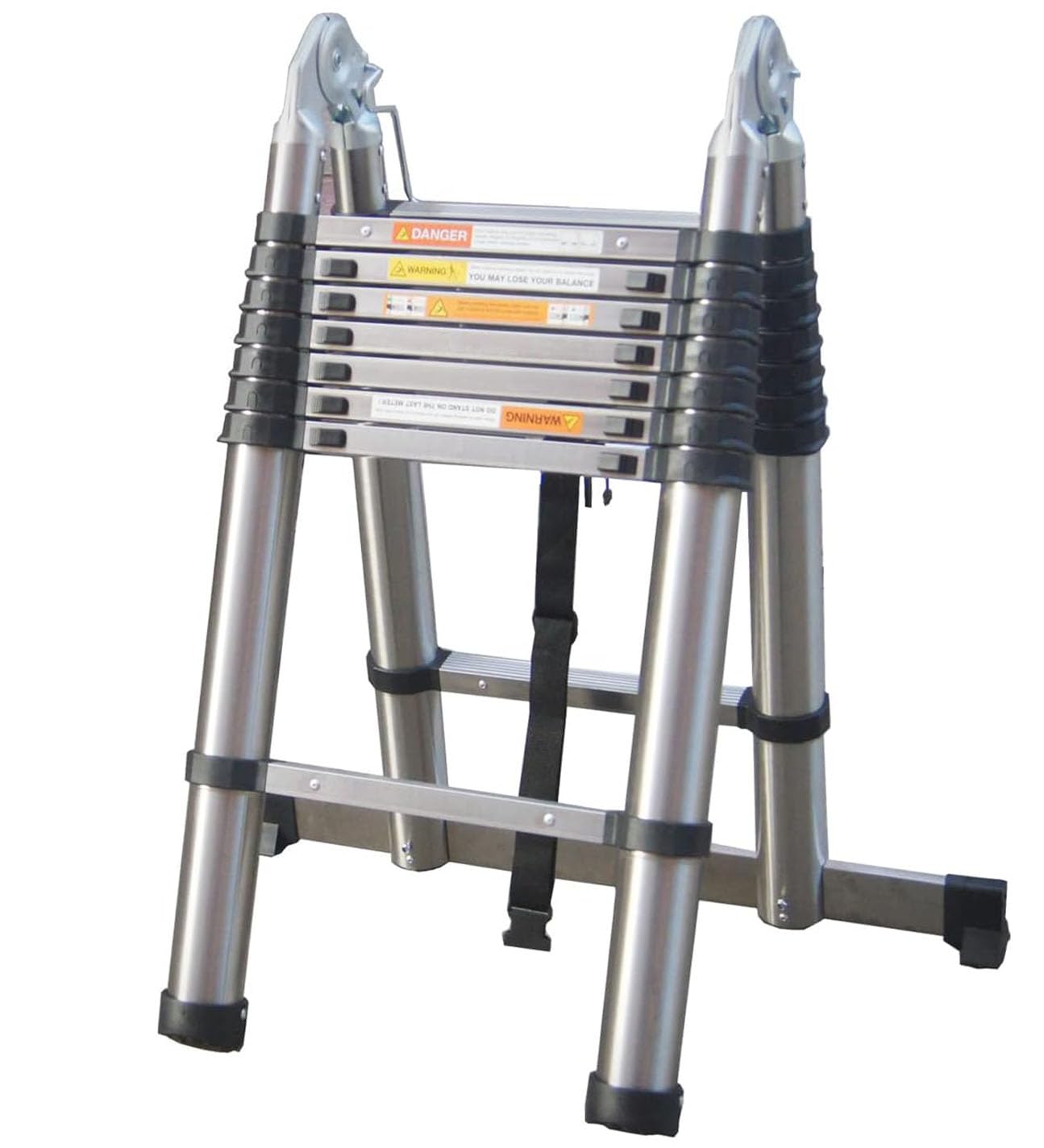 Escalera telescópica de 5 m de grosor, extensible, plegable, con marco en A, antideslizante, con barra estabilizadora, de acero inoxidable (2,5 m + 2,5 m), más fuerte que otras