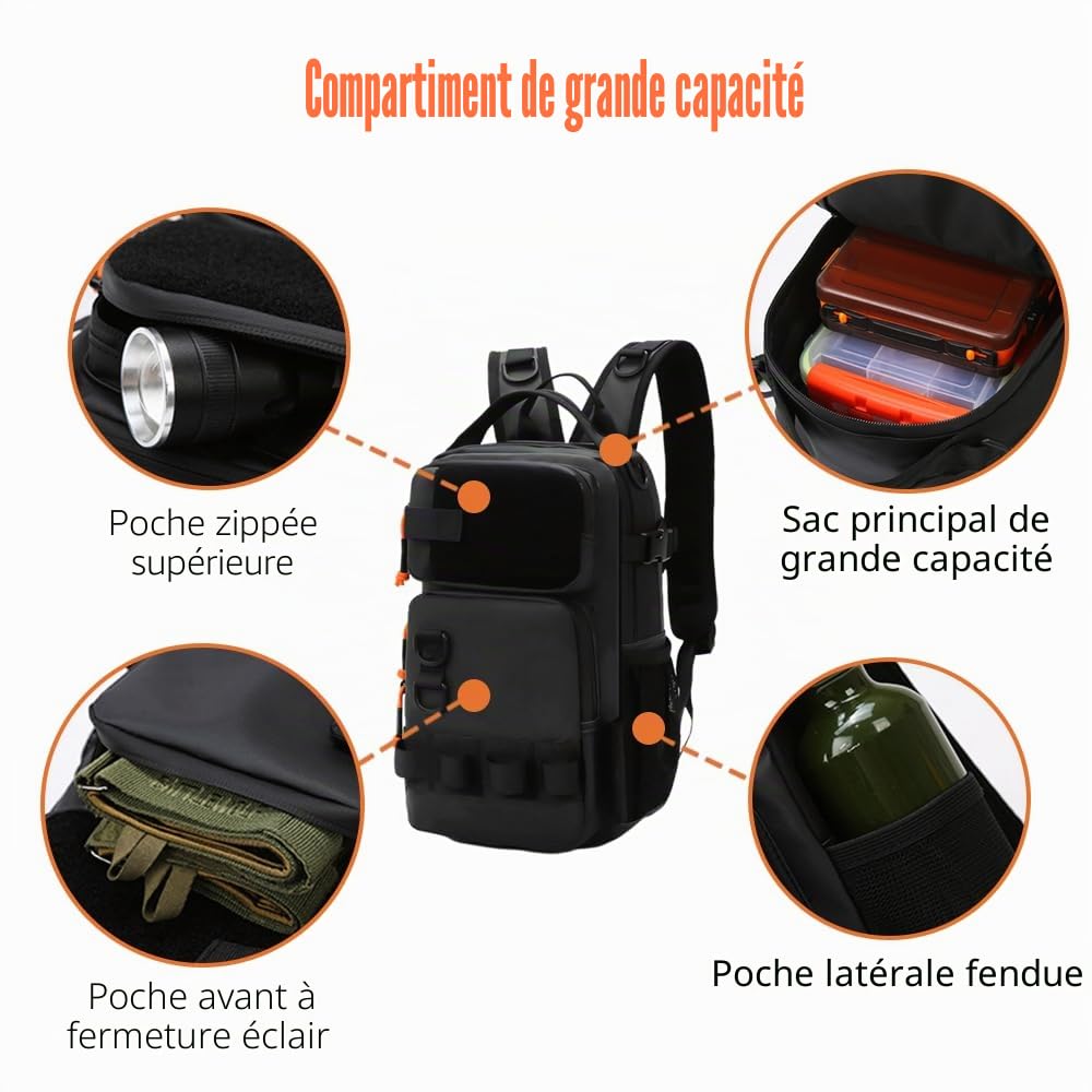 MiOYOOW Sac à Dos de Pêche imperméable, Sacoche pour Poisson avec Support de Canne à Pêche, Sac de Pêche Portable en Bandoulière pour la Randonnée, Le Camping et Les Excursions