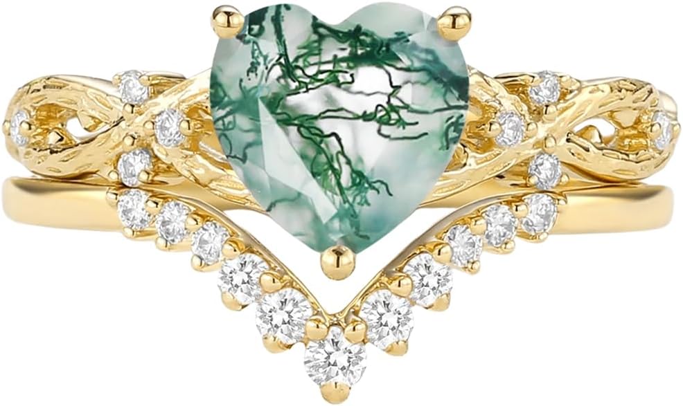 10K 14K 18K Black Gold Heart Cut Natural Moss Agate Wedding Ring Set 925 Sterling Silver 1-3 Carat Green Moss Agate Engagement Ring Set Bridal Ring Sets with Moissanite Free Engraving for Women 2pcs