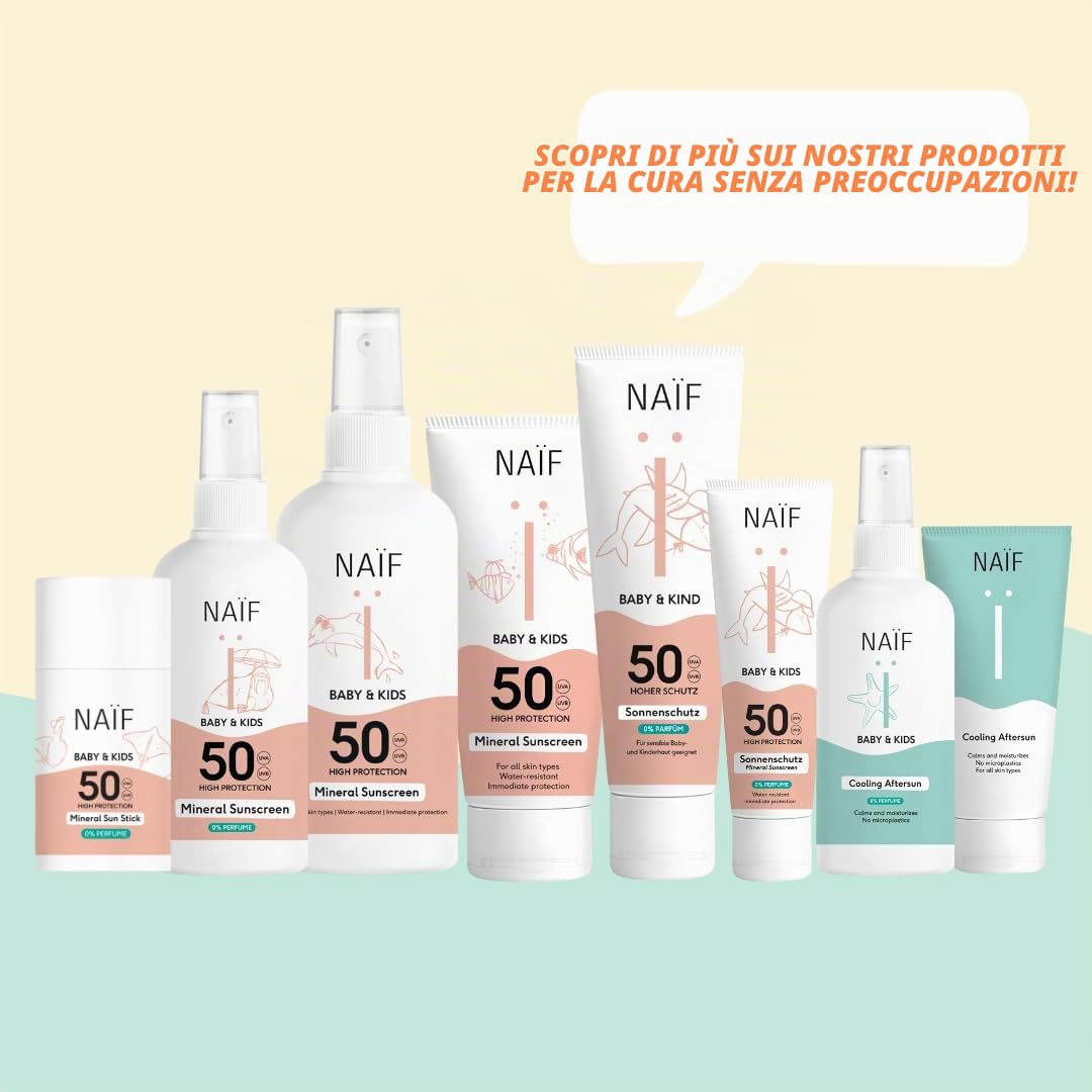 Naïf - Crema solare con formula minerale - per bambini e ragazzi - SPF 50 - Senza octocrilene - Protezione UVA e UVB - Dermatologicamente testata - Rispettosa dell'ambiente e dei coralli - 175ML