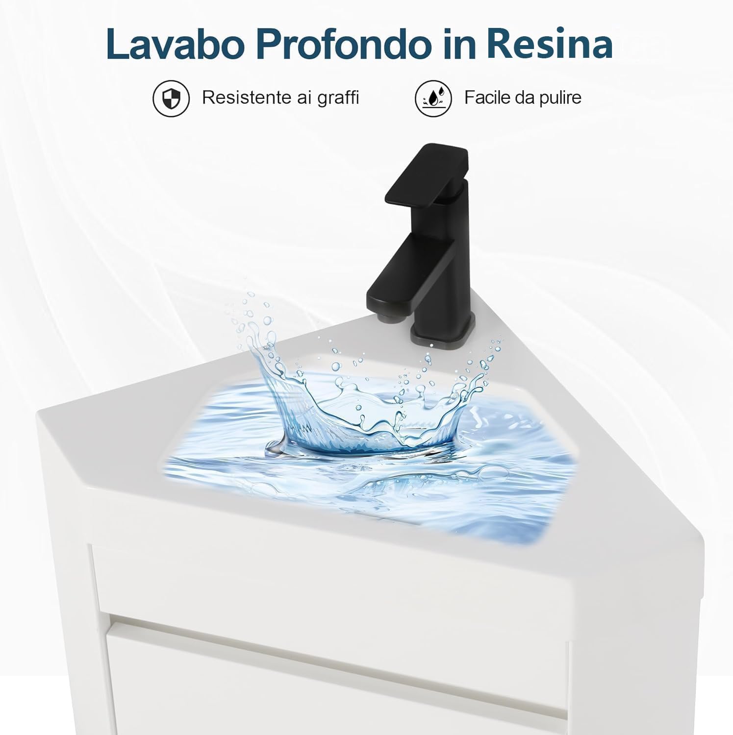 UEV Mobile Bagno Con Lavabo in Resina, Sospeso Ad Angolo 40CM, Rubinetto Nero Opaco, per Piccolo Spazio, Bianca