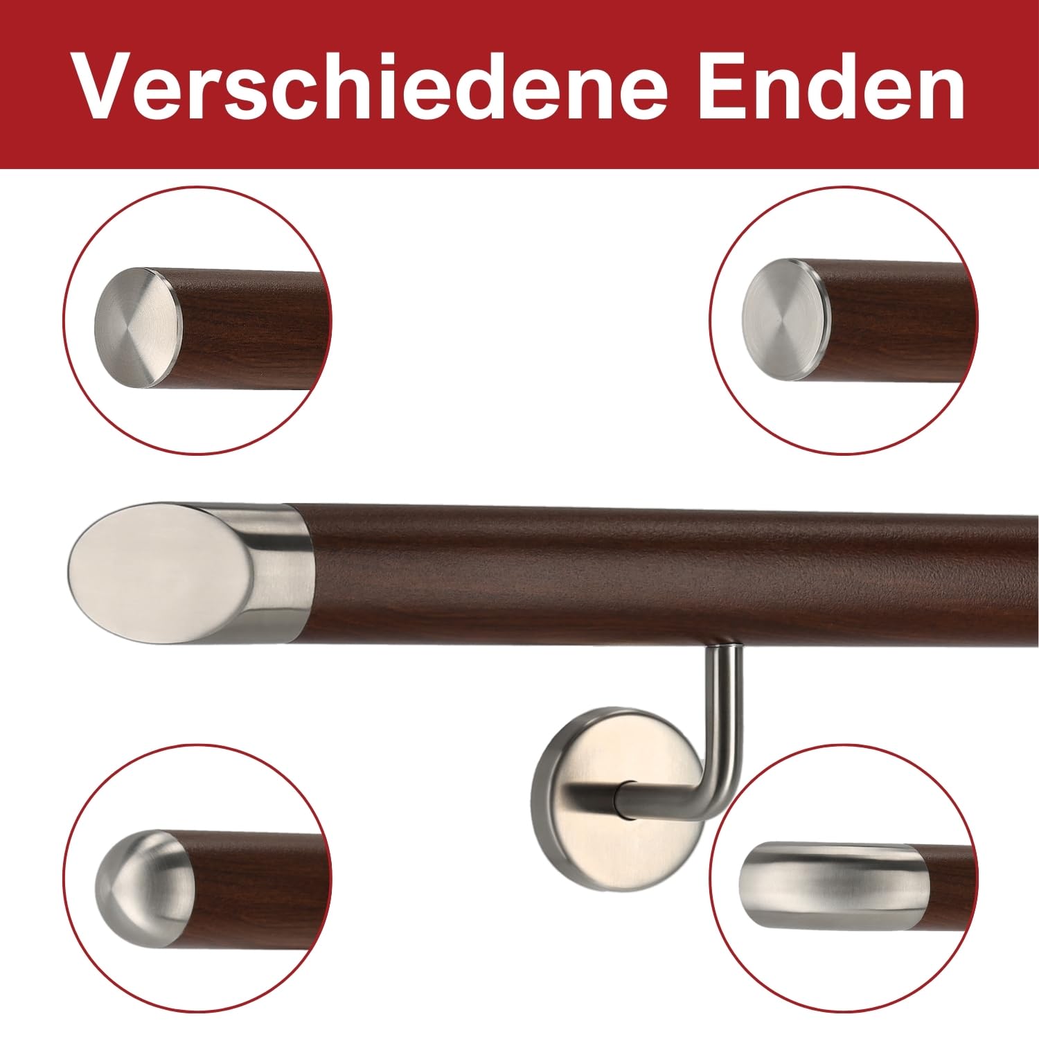 TIBU Corrimano in alluminio noce, decorazione in legno, 30-600 cm, corrimano da parete per scale, supporto in acciaio inox, lunghezza 190 cm, con 2 supporti e terminale obliquo