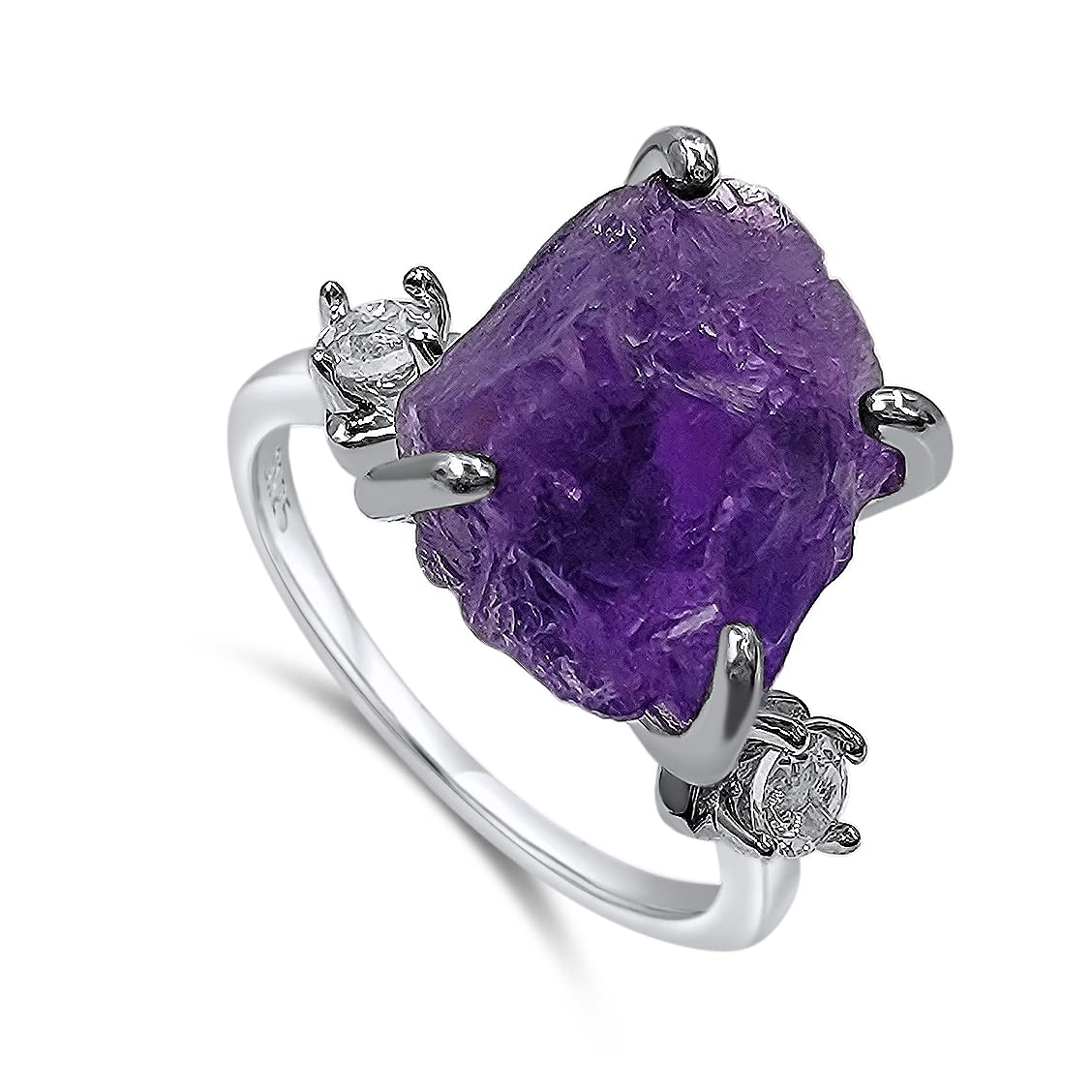 Real Raw Crystal Ring Birthstone sterling silver White Gold statement Jewelry gift for her Christmas Mothers Day Birthday Valentine Statement Ring Gift Uniquelan Jewelry (purple-amethyst, 8)