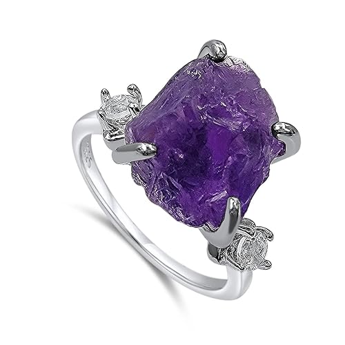 Real Raw Amethyst Ring Birthstone White Gold and Quartz Solitaire Engagement Jewelry gift for her Christmas Mothers Day Birthday Valentine Statement