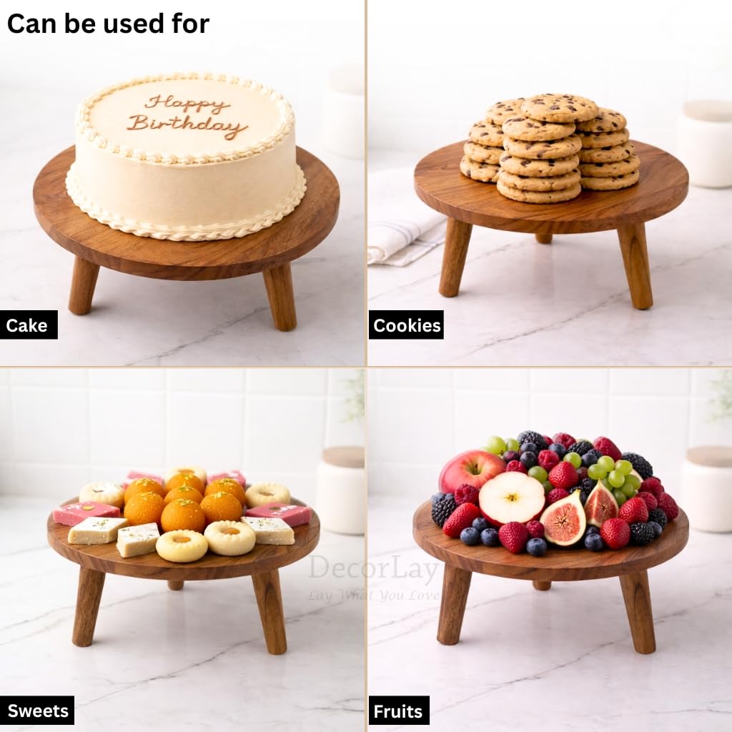 Decorlay Acacia Wood Round Footed Serving Board | Removable-Leg Pedestal Riser Cake Stand | Charcuterie, Cheese, Bread, Fruit & Vegetable Platter Tray 2